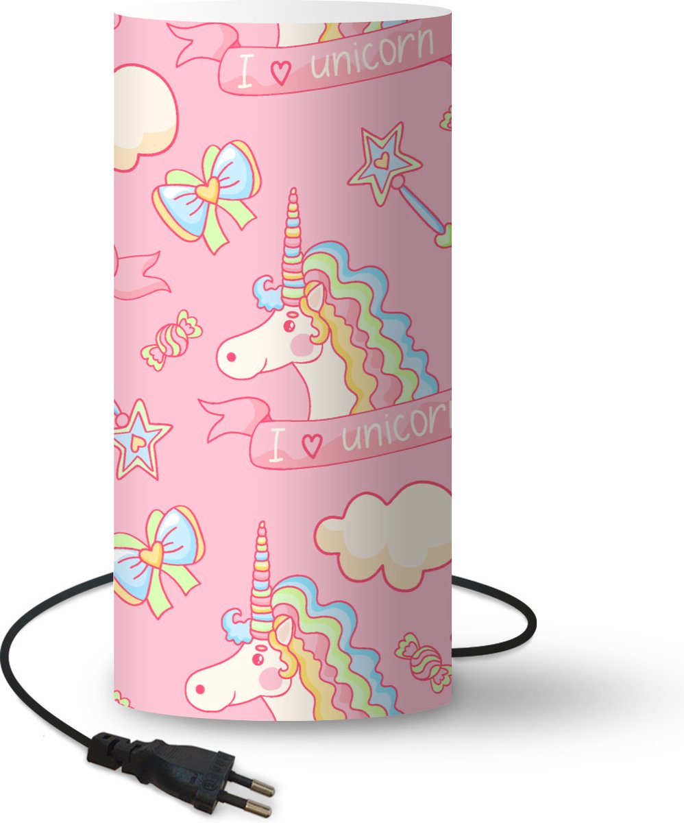 Lamp - Nachtlampje - Tafellamp slaapkamer - Unicorn - Roze - Patronen - Kind - 33 cm hoog - Ø15.9 cm - Inclusief LED lamp