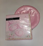 20 servetten schoentjes en 20 bordjes karton 18cm roze voor babyshower of geboortefeest