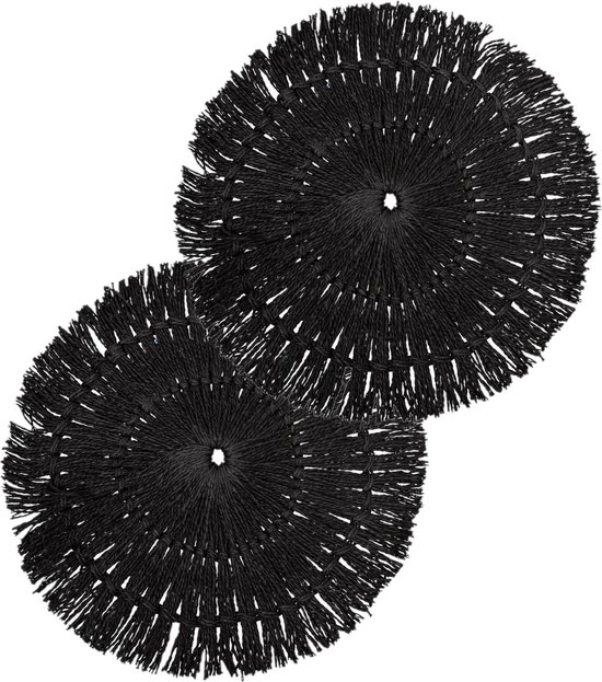 Set van 12x stuks placemats raffia zwart - 38 cm - Tafel onderleggers