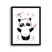 Poster Roze Panda Knuffel geven - Hartjes - Meisjeskamer - Babyshower / Geboorte Cadeau - Babykamer - 30x21cm / A4 - Postercity