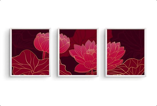 Schilderij  Set 3 Rood gouden lotus en bladeren - Botanisch / Planten / Bladeren / 50x40cm