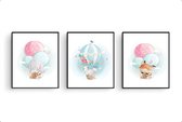 Poster Set 3 Vosje olifant giraffe en zebra in luchtballon - schattige dieren / Luchtballon / Ballon / 70x50cm