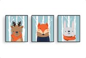 Schilderij  Set 3 hert vos konijn met sjaal in het bos / Bos / 40x30cm