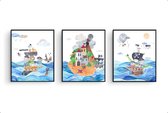 Set d'affiches 3 Ours pirate avec des amis animaux partent à la chasse au trésor - thème pirate / Animaux / 30x21cm
