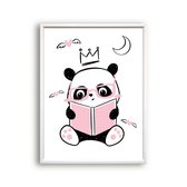 Schilderij  Roze panda aan het lezen met kroontje - Roze Hartje / Dieren / 40x30cm