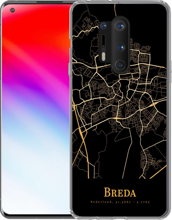 Telefoonhoesje Geschikt voor OnePlus 8 Pro hoesje - Breda - Plattegrond - Goud - Zwart - Siliconen Telefoonhoesje Telefoonhoesje - Stadskaart