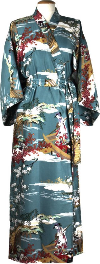 DongDong - Kimono japonais original - Katoen - Motif Ukiyoe - Blauw - L/XL
