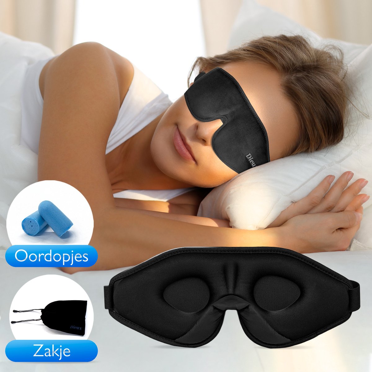 Dieux® - Luxe 3D Slaapmasker - Zwart - Oogmasker - Nachtmasker - 100% Verduisterend – Slapen - Incl. Oordoppen en Opbergzakje – Slaap – Reismasker – Powernap – Yoga – Reizen - Slaapmasker Vrouwen - Reizen Assecoires - Dieux®