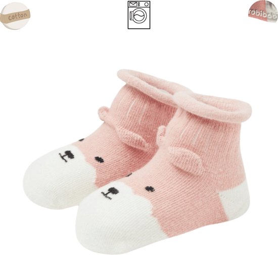 Babysokken - Roze Beertje - Katoen - Antislip - 0-12 maanden - Babysokjes - Baby Slofjes - Kraamcadeau - Baby Cadeau