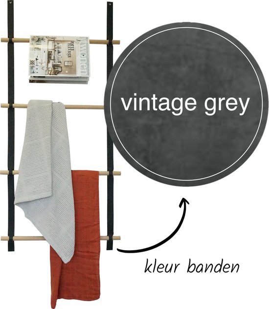 Wandladder 57cm  - Vintage Grey Leer / rondhout |  by Handles and more & Woetwurm
