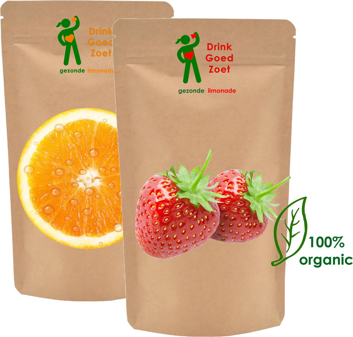 Gezonde Limonade ECO Combinatie Sinaasappel en Aardbei suikervrij zonder kunstmatige zoetstoffen biologisch Drink Goed Zoet instant limonadepoeder