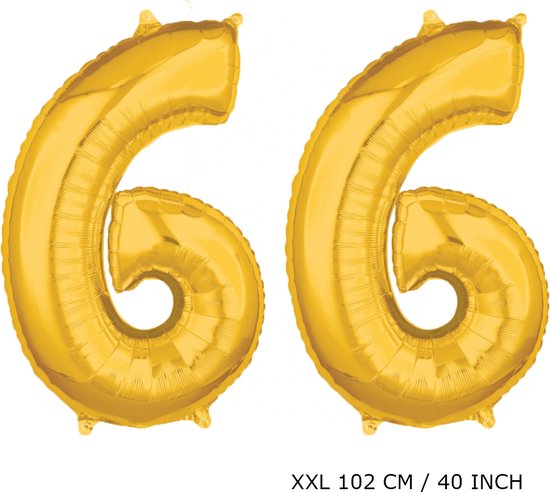 Mega grote XXL gouden folie ballon cijfer 66 jaar. Leeftijd verjaardag 66 jaar. 102 cm 40 inch. Met rietje om ballonnen mee op te blazen.