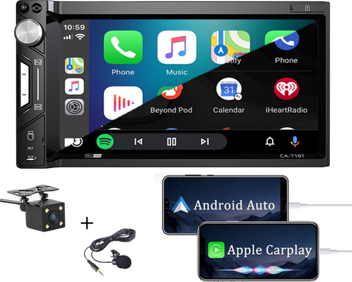 Boscer® Autoradio 2Din Universeel - Apple Carplay & Android Auto - 7' HD Touchscreen - USB - AUX - Bluetooth - Externe Microfoon & Achteruitrijcamera