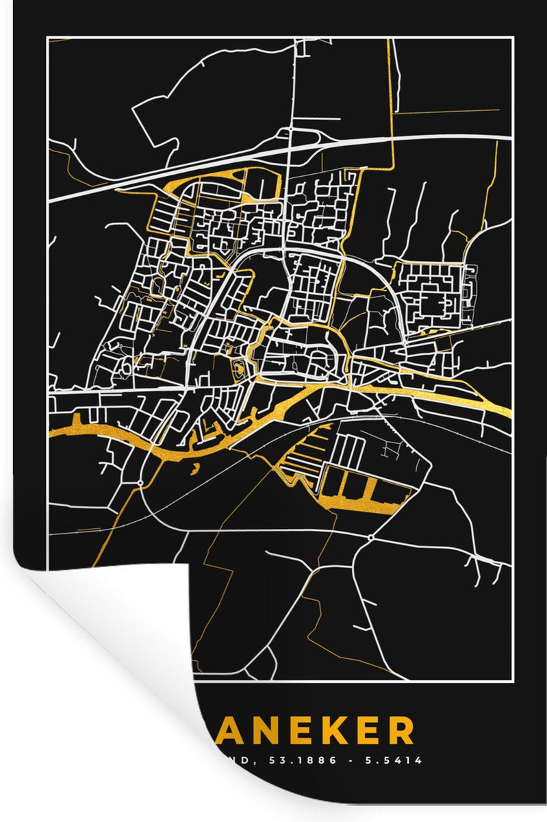 Muurstickers - Sticker Folie - Franeker - Plattegrond - Stadskaart - Kaart - Black and Gol