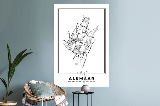 Stickers muraux - Plan de la ville - Zwart Wit - Carte - Alkmaar - Pays- Nederland - Carte - 80x120 cm - Feuille adhésive