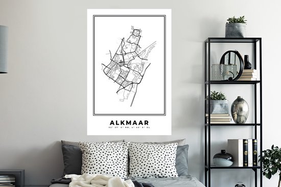 Stickers muraux - Plan de la ville - Zwart Wit - Carte - Alkmaar - Pays- Nederland - Carte - 80x120 cm - Feuille adhésive