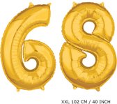 Mega grote XXL gouden folie ballon cijfer 68 jaar. Leeftijd verjaardag 68 jaar. 102 cm 40 inch. Met rietje om ballonnen mee op te blazen.