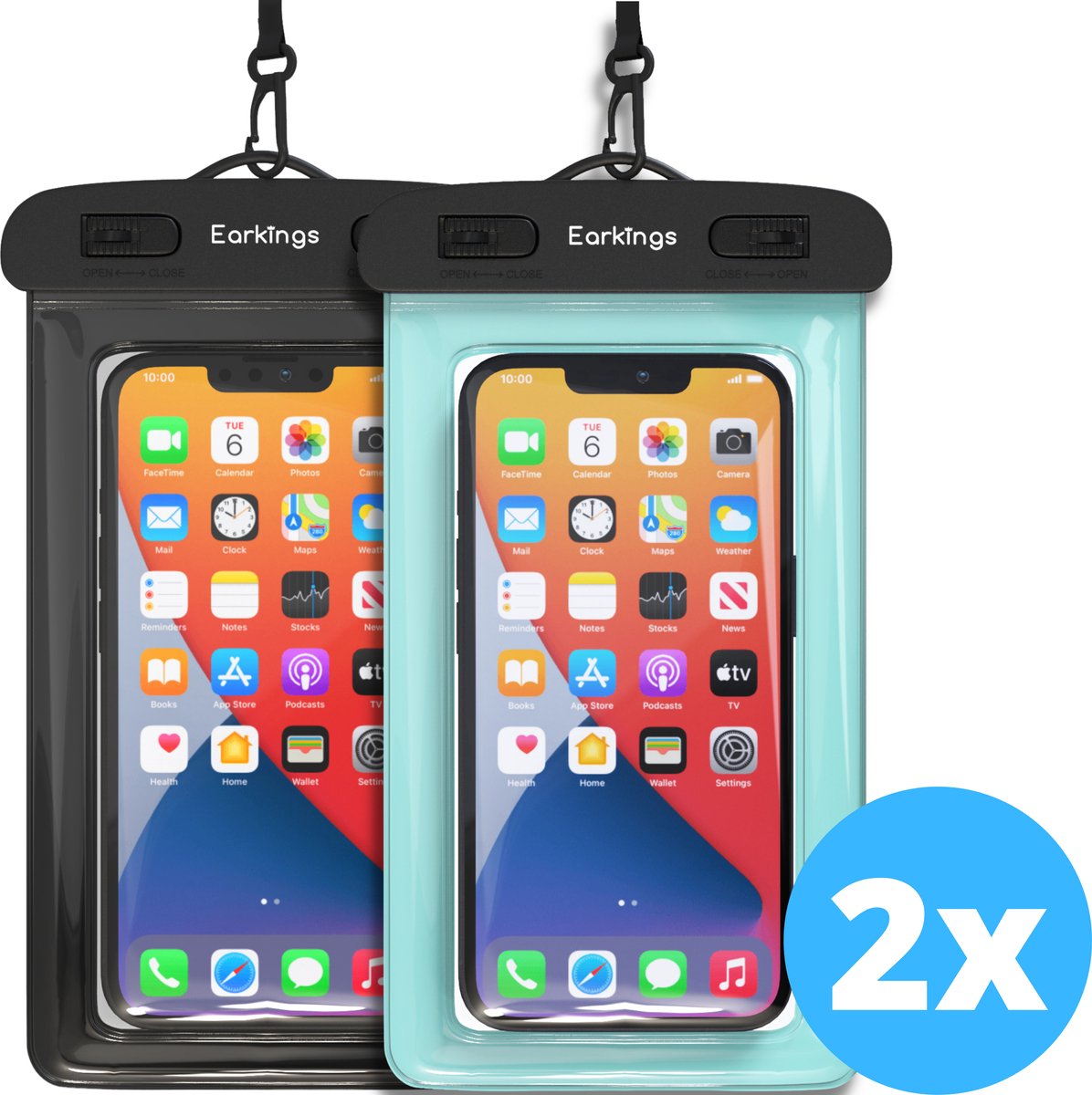 Waterdichte telefoonhoesjes - Drybag Set van 2 stuks - Onderwater Hoesje Telefoon voor Alle Telefoons - Waterdicht telefoonhoesje Earkings - Zwart & Blauw