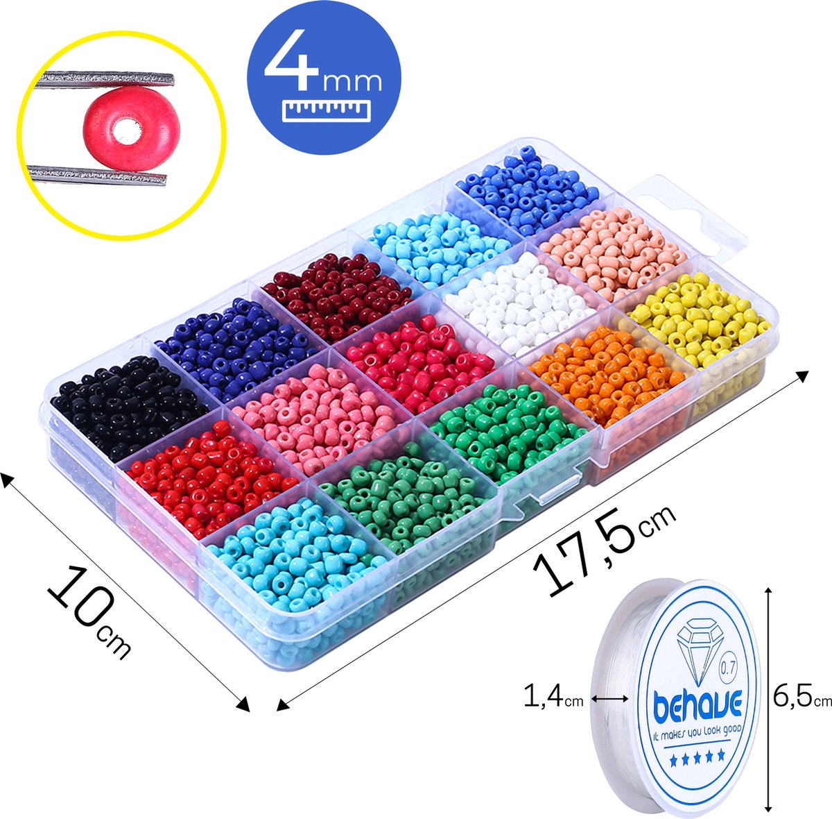 Behave 4500 Glaskralen Set - DIY Sieraden maken - Kralen Set - Rocailles - Bedels - Rijgdraad - 15 Kleuren - 4mm — afbeelding 7