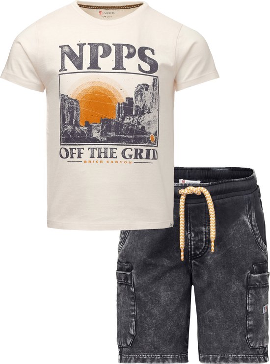 Noppies - Bio kledingset - 2delig - broek Short Glan - Ebony - shirt Gifu Antique White - Maat 122