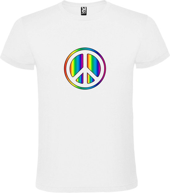 Wit T shirt met Retro Full Color print  "Peace “ Flower Power Logo print size S