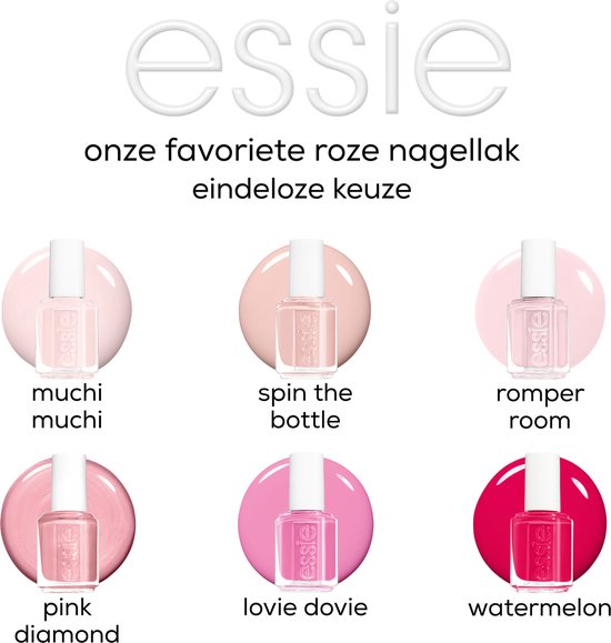 Collage van zes Essie nagellakflesjes met roze en rode lakken, "onze favoriete roze nagellak".