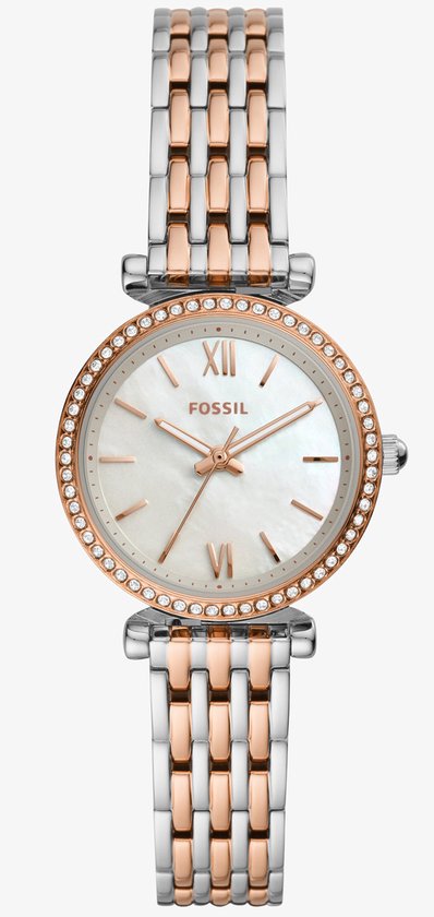 Fossil Carlie Mini horloge voor dames, Quartz uurwerk met roestvrij stalen of leren band, Roze goudtint en wit