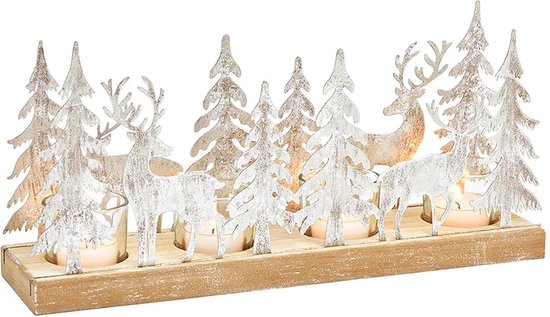 Kerst - Kerstdecoratie - Kerstdagen - waxinelichthouder - Adventskrans zilver hertjes en bomen met glazen waxinelichthouders