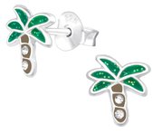 Joy|S - Zilveren palmboom oorbellen - glitter met kristalletjes - 7 x 9 mm