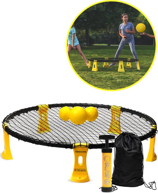 2BEHOME Roundnet set inclusief 3 ballen, ballenpomp en handige meeneemtas – Geschikt voor Roundball en Smashball te spelen – Geel