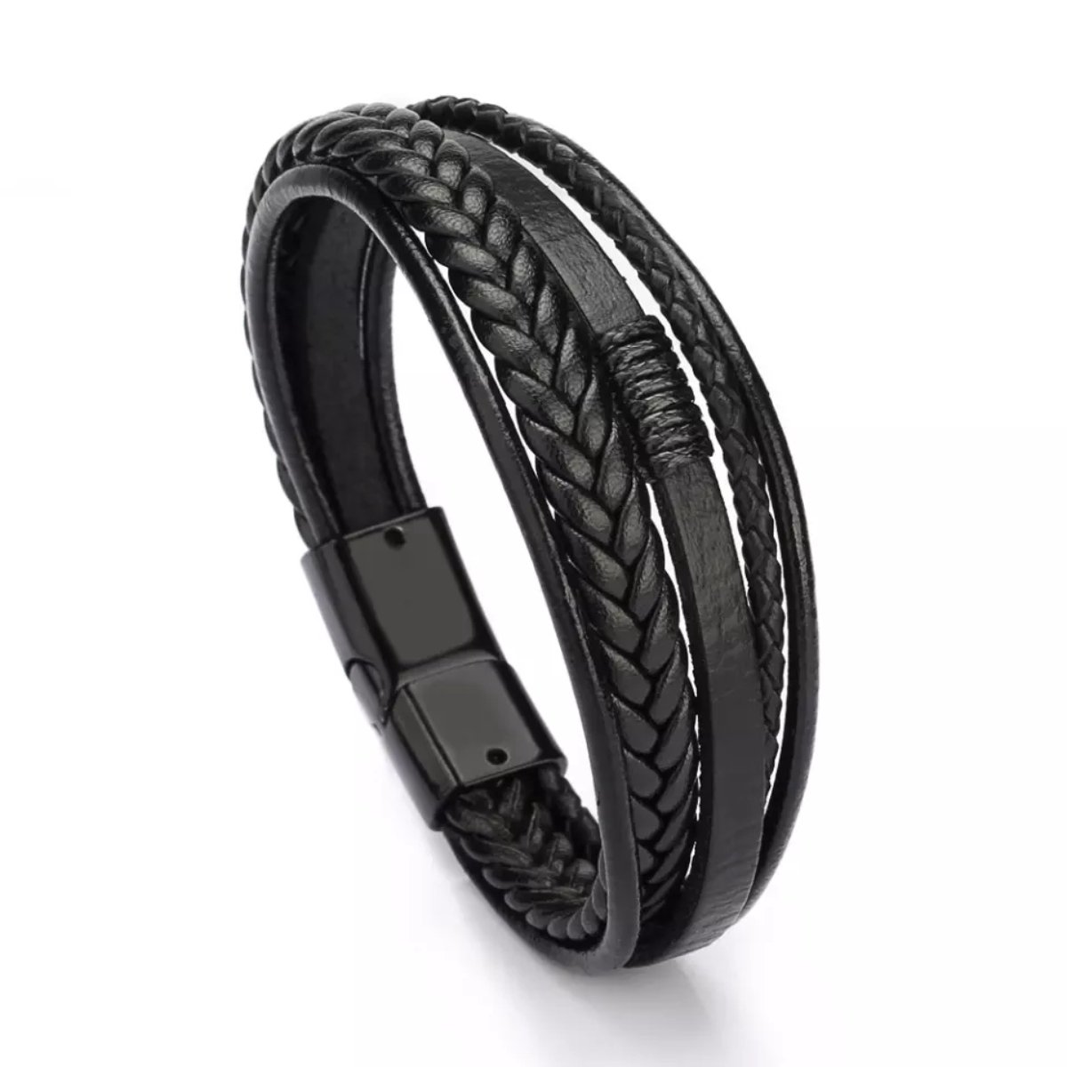 Armband heren 21 cm leer zwart - Zwart kleurige sluiting - 5 delig sets- Zwart leer gevlochten armband voor mannen - Heren armband voor hem - Touw & kunstleer 21cm