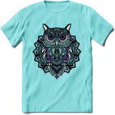 Uil - Dieren Mandala T-Shirt | Paars | Grappig Verjaardag Zentangle Dierenkop Cadeau Shirt | Dames - Heren - Unisex | Wildlife Tshirt Kleding Kado | - Licht Blauw - S