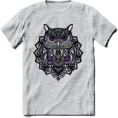 Uil - Dieren Mandala T-Shirt | Paars | Grappig Verjaardag Zentangle Dierenkop Cadeau Shirt | Dames - Heren - Unisex | Wildlife Tshirt Kleding Kado | - Licht Grijs - Gemaleerd - S