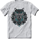 Uil - Dieren Mandala T-Shirt | Lichtblauw | Grappig Verjaardag Zentangle Dierenkop Cadeau Shirt | Dames - Heren - Unisex | Wildlife Tshirt Kleding Kado | - Licht Grijs - Gemaleerd