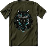 Uil - Dieren Mandala T-Shirt | Lichtblauw | Grappig Verjaardag Zentangle Dierenkop Cadeau Shirt | Dames - Heren - Unisex | Wildlife Tshirt Kleding Kado | - Leger Groen - XXL