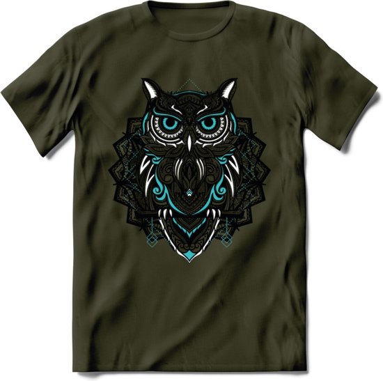 Uil - Dieren Mandala T-Shirt | Lichtblauw | Grappig Verjaardag Zentangle Dierenkop Cadeau Shirt | Dames - Heren - Unisex | Wildlife Tshirt Kleding Kado | - Leger Groen - XXL