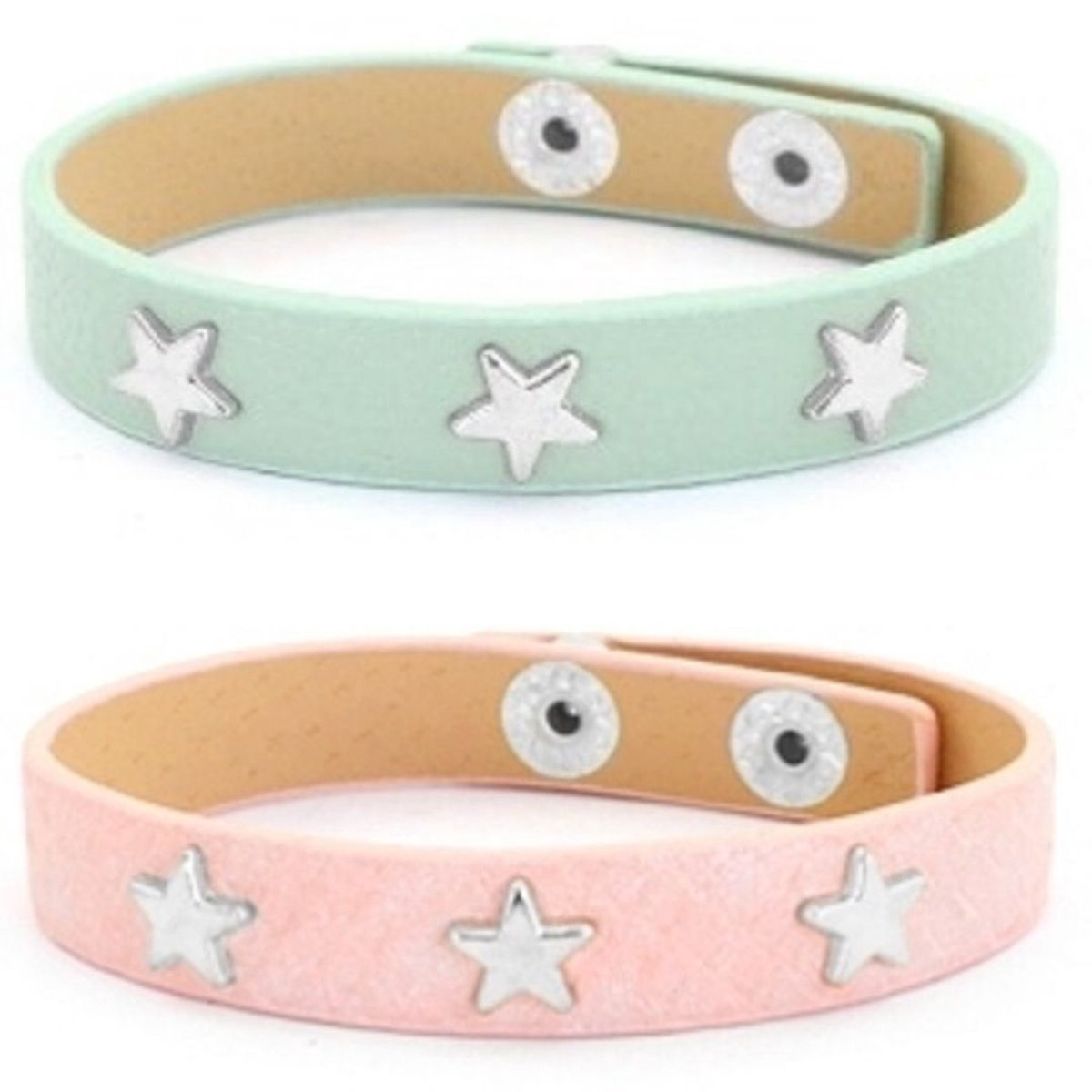 2 Armbanden met studs | sterren | roze en mint