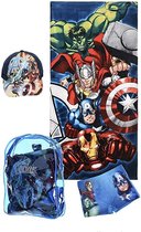 Marvel Avengers pakket - 4-delig - Strandlaken + zwemboxer + pet + GRATIS TAS - Blauw - Maat 104 (4 jaar)