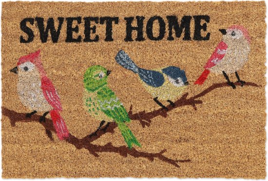 Relaxdays noix de coco - tapis de pied - 'Sweet home' - oiseaux - 40 x 60 cm - tapis d'extérieur - nature