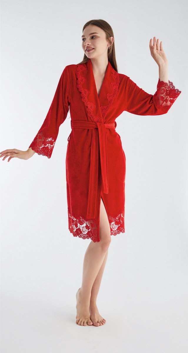 Bamboe Katoen Dames Badjas /Ochtendjas Sheron / Rood /maat L/XL