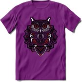 Uil - Dieren Mandala T-Shirt | Rood | Grappig Verjaardag Zentangle Dierenkop Cadeau Shirt | Dames - Heren - Unisex | Wildlife Tshirt Kleding Kado | - Paars - S