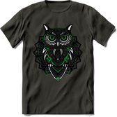 Uil - Dieren Mandala T-Shirt | Groen | Grappig Verjaardag Zentangle Dierenkop Cadeau Shirt | Dames - Heren - Unisex | Wildlife Tshirt Kleding Kado | - Donker Grijs - M
