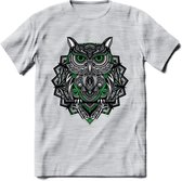 Uil - Dieren Mandala T-Shirt | Groen | Grappig Verjaardag Zentangle Dierenkop Cadeau Shirt | Dames - Heren - Unisex | Wildlife Tshirt Kleding Kado | - Licht Grijs - Gemaleerd - 3XL
