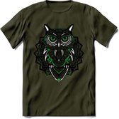 Uil - Dieren Mandala T-Shirt | Groen | Grappig Verjaardag Zentangle Dierenkop Cadeau Shirt | Dames - Heren - Unisex | Wildlife Tshirt Kleding Kado | - Leger Groen - S