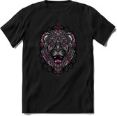 Leeuw - Dieren Mandala T-Shirt | Roze | Grappig Verjaardag Zentangle Dierenkop Cadeau Shirt | Dames - Heren - Unisex | Wildlife Tshirt Kleding Kado | - Zwart - XXL