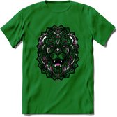 Leeuw - Dieren Mandala T-Shirt | Roze | Grappig Verjaardag Zentangle Dierenkop Cadeau Shirt | Dames - Heren - Unisex | Wildlife Tshirt Kleding Kado | - Donker Groen - XXL