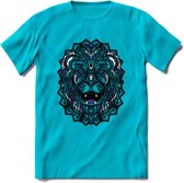 Leeuw - Dieren Mandala T-Shirt | Paars | Grappig Verjaardag Zentangle Dierenkop Cadeau Shirt | Dames - Heren - Unisex | Wildlife Tshirt Kleding Kado | - Blauw - L