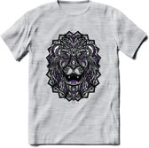 Leeuw - Dieren Mandala T-Shirt | Paars | Grappig Verjaardag Zentangle Dierenkop Cadeau Shirt | Dames - Heren - Unisex | Wildlife Tshirt Kleding Kado | - Licht Grijs - Gemaleerd - M