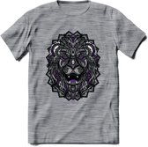 Leeuw - Dieren Mandala T-Shirt | Paars | Grappig Verjaardag Zentangle Dierenkop Cadeau Shirt | Dames - Heren - Unisex | Wildlife Tshirt Kleding Kado | - Donker Grijs - Gemaleerd -