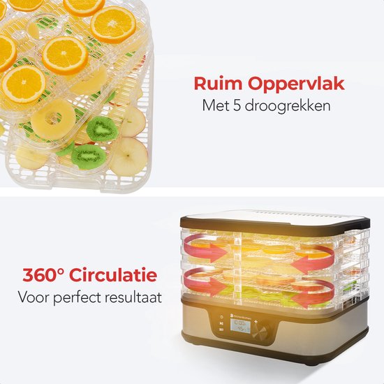 KitchenBrothers voedseldroger met 5 rekken vol fruit. Luchtcirculatie 360° en ruim oppervlak. Tekst: Ruim Oppervlak, 360° Circulatie.